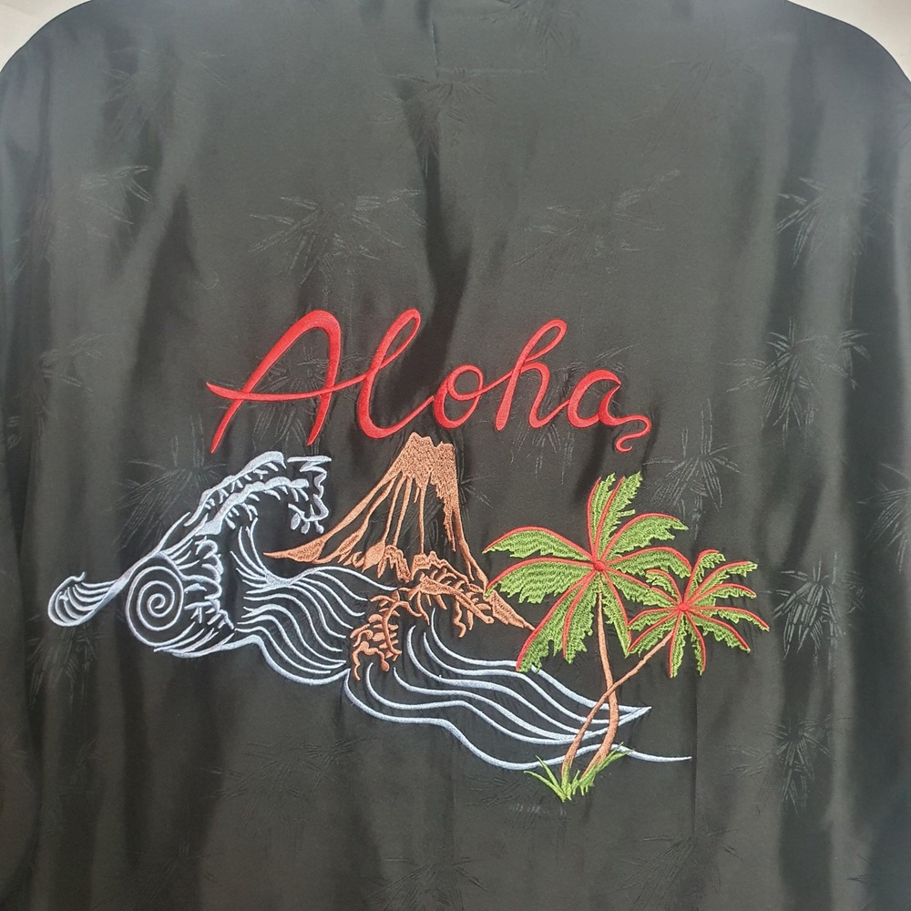 BC Ethic Mens XL Black 100% Silk Aloha Embroidered Hawaiian Camp Shirt Volcano - Picture 11 of 13